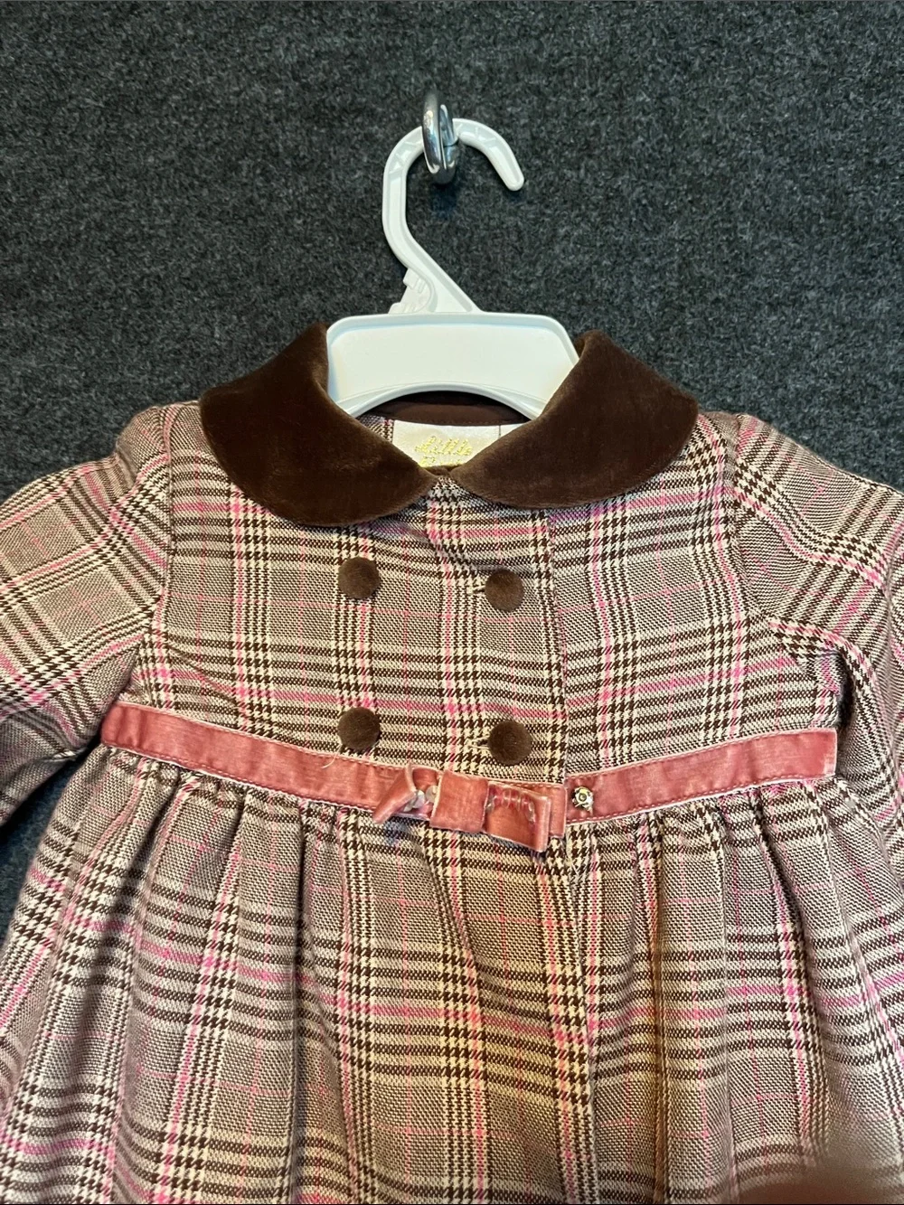 Little Bitty Plaid Lace-Trim Dress, Coat and Hat with Velvet Bow